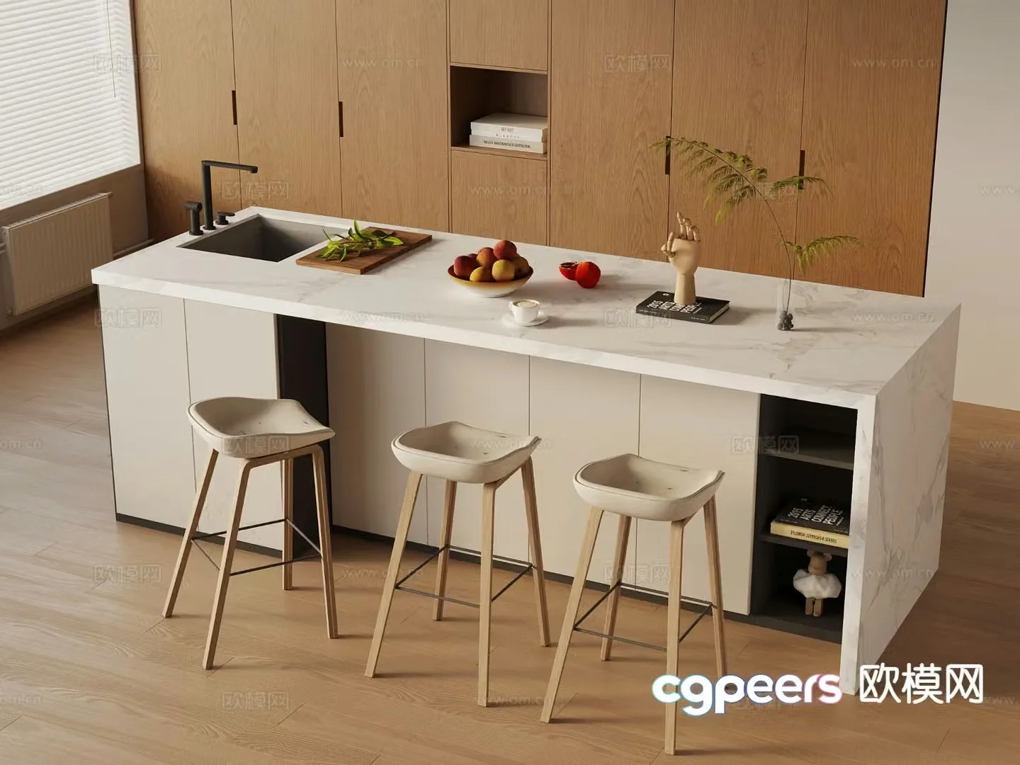 Modern island dining table and chairs 3d model