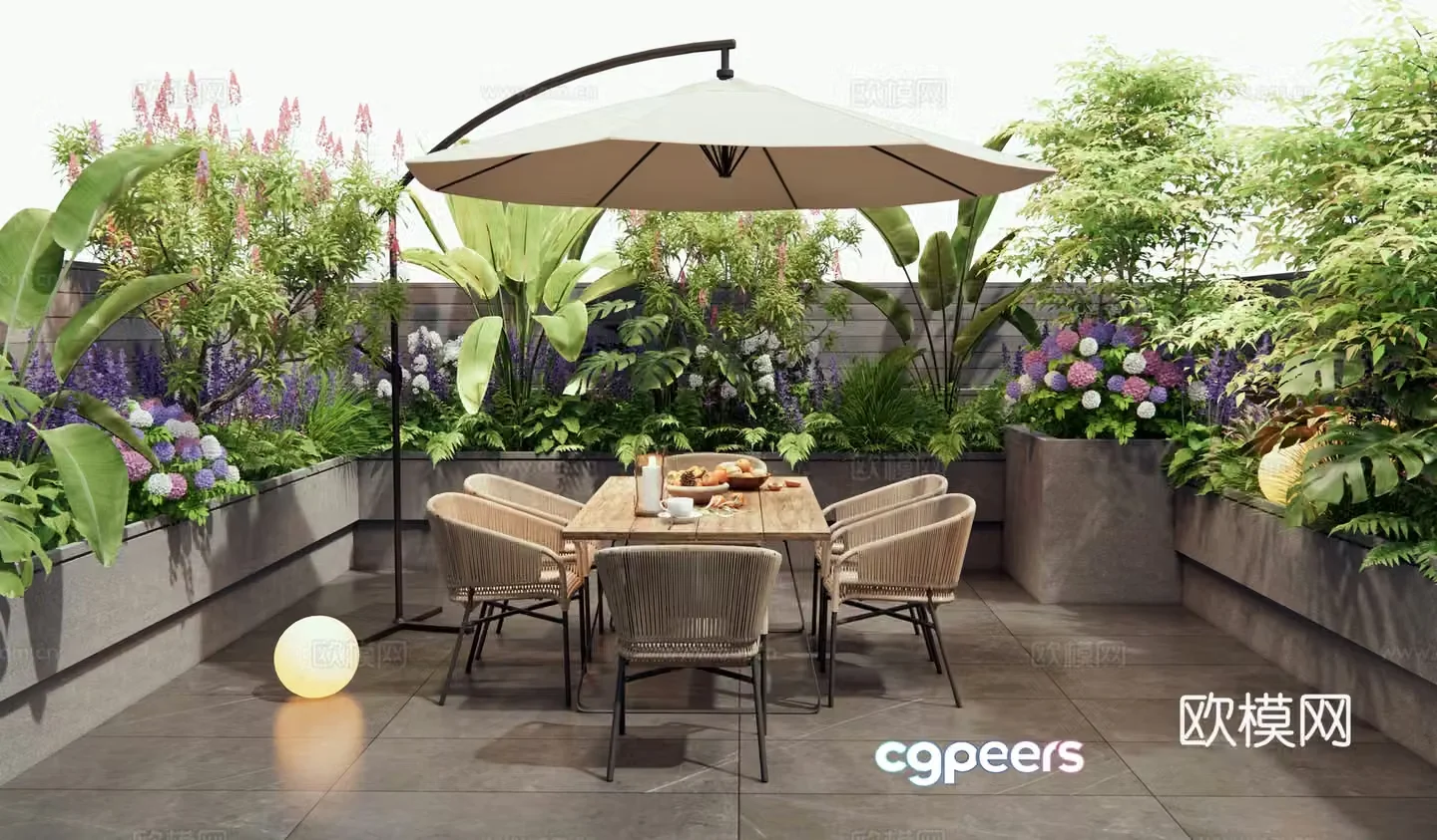 Modern villa balcony terrace landscape courtyard garden roof garden outdoor table and chairs flowers and plants 3d model