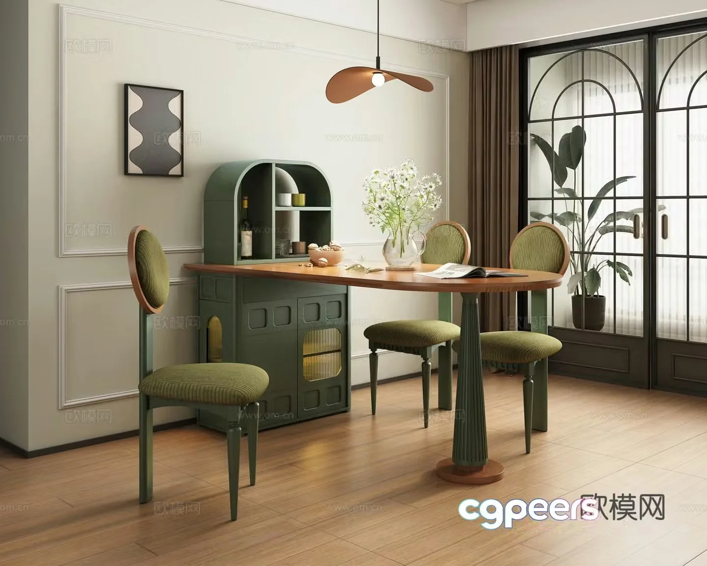 Medieval style island dining table and chairs 3D model