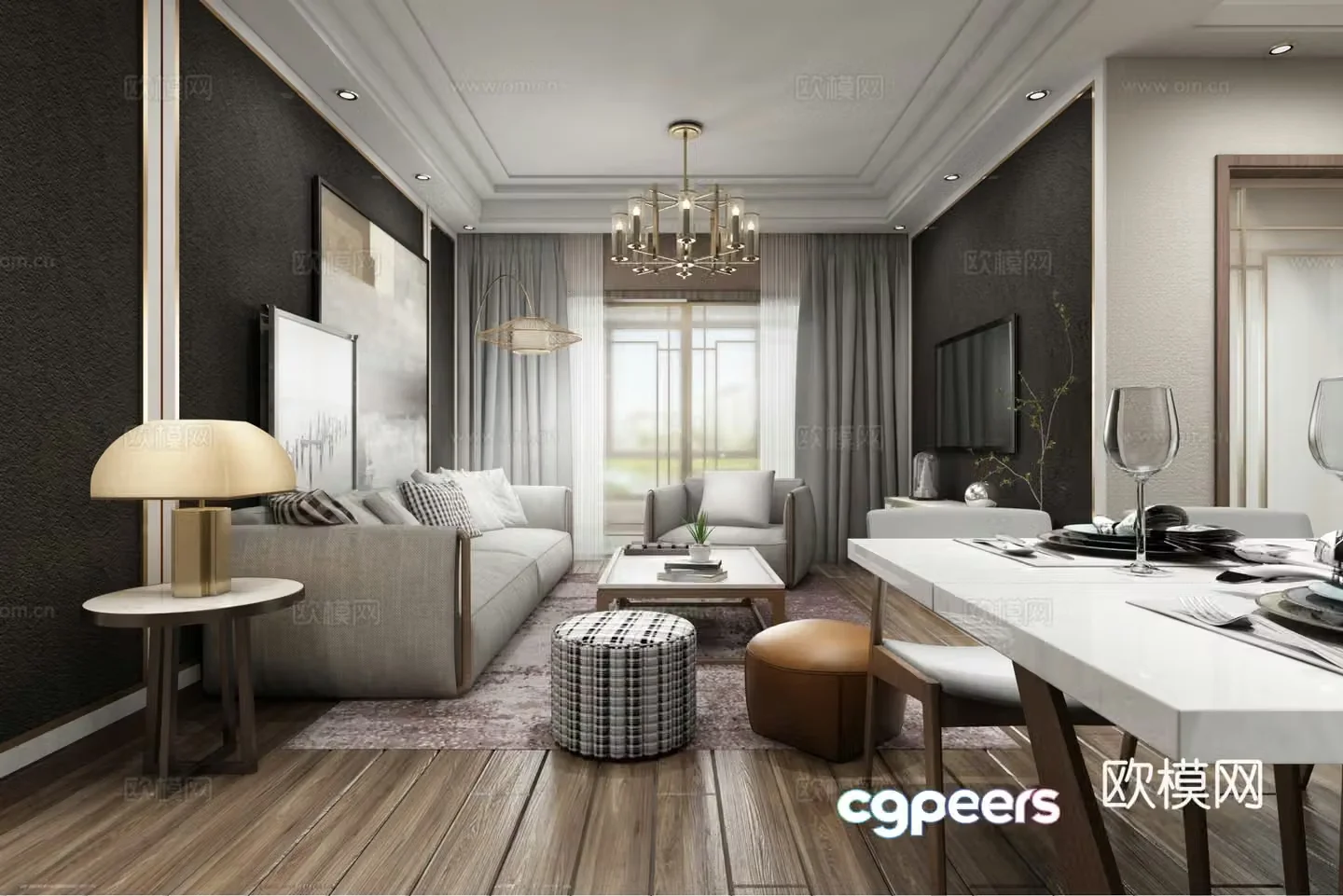 Modern style living and dining aisle sofa coffee table chandeliers TV cabinet side cabinet dining table chair 3d model