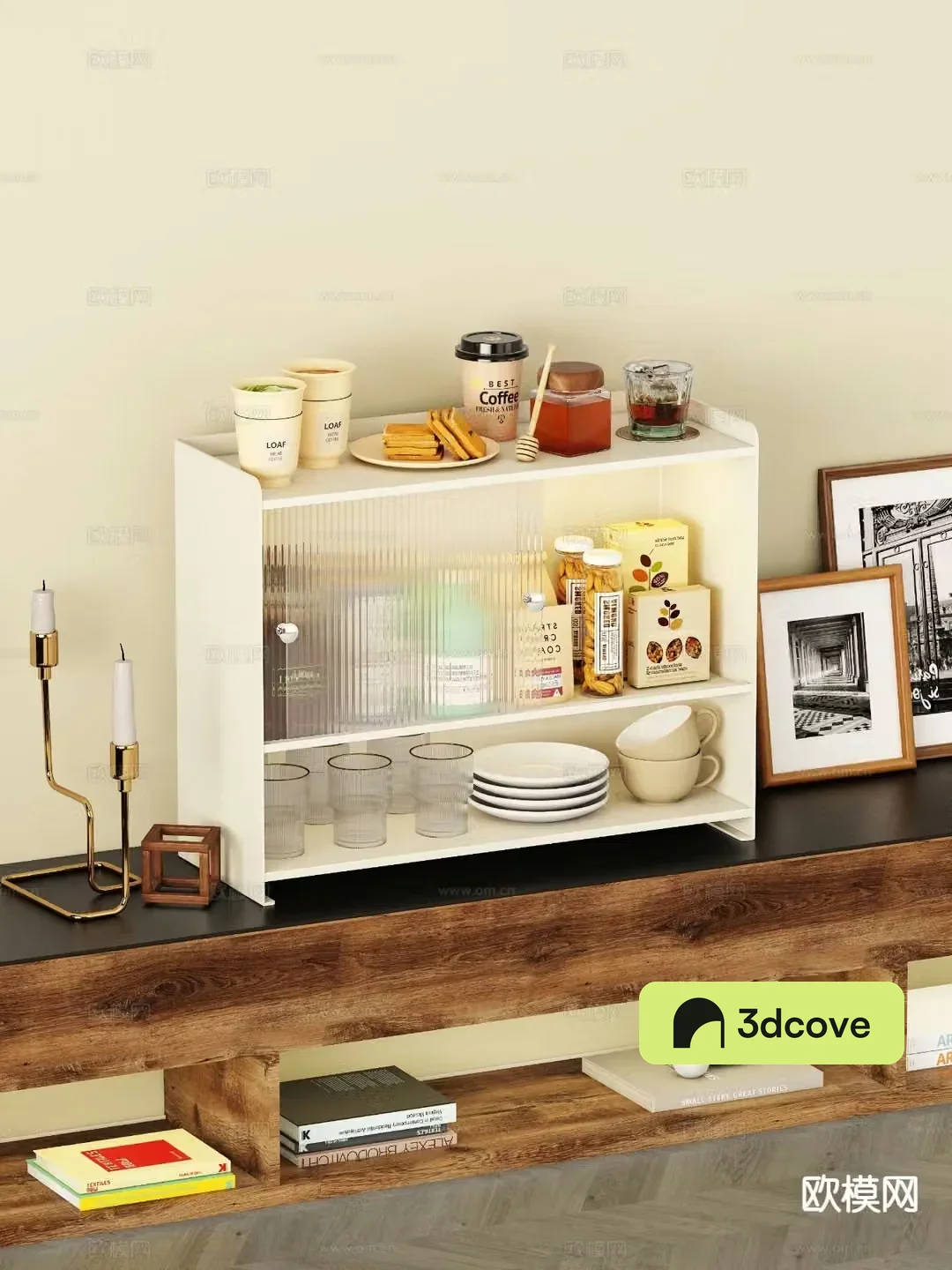 Cream style tea cabinet tea set cabinet storage cabinet