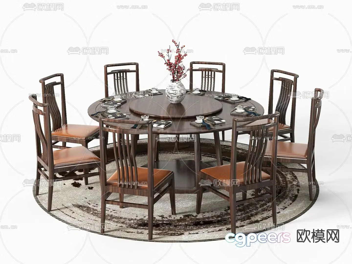 Chinese dining table and chairs round dining table 3d model