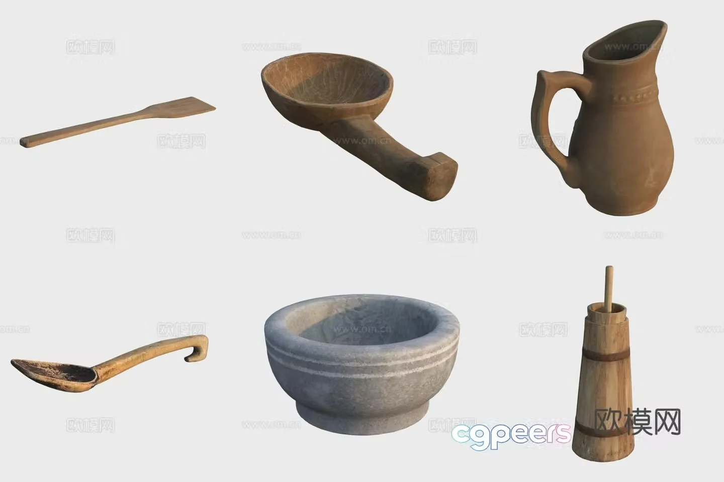 Ancient wooden products kitchen utensils stone mortar spatula water scoop wooden scoop clay pot 3d model