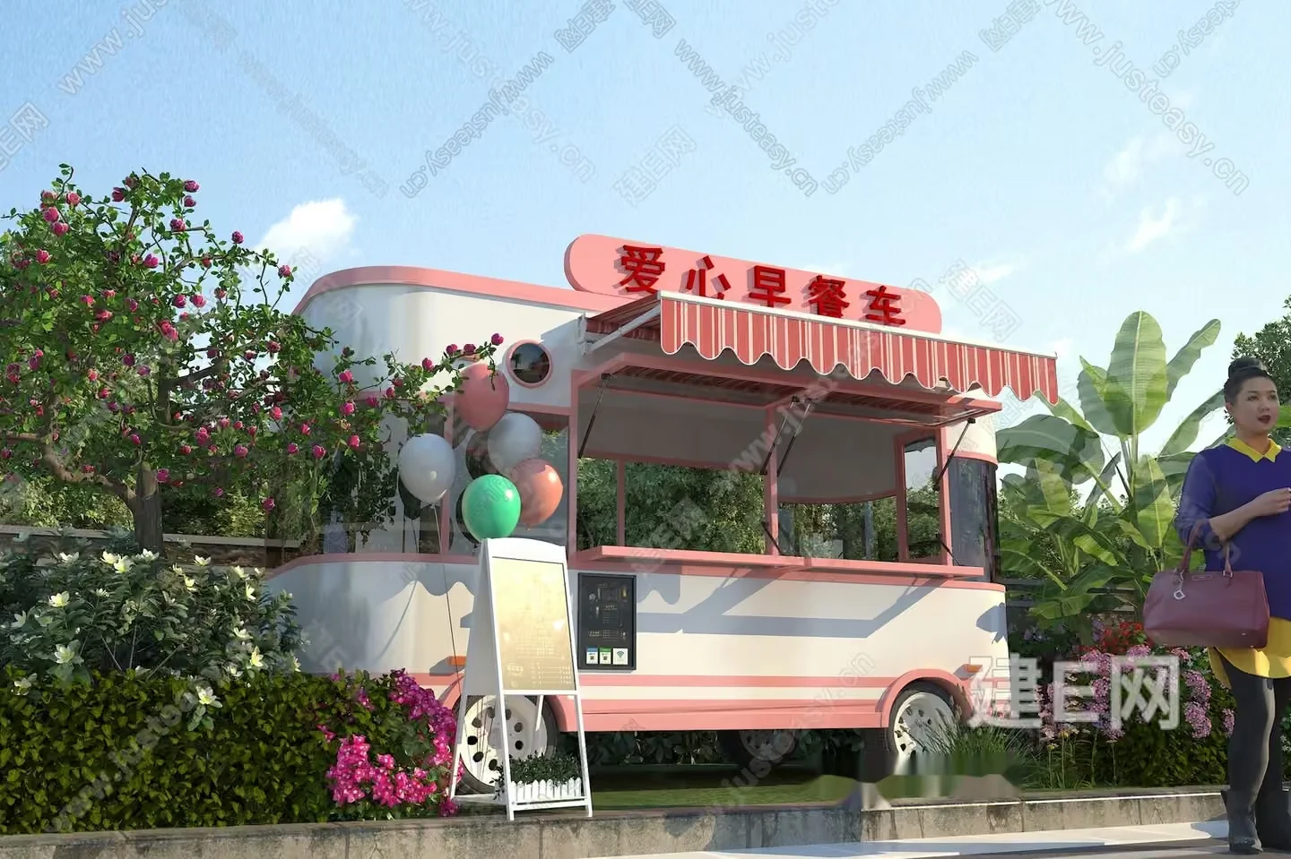 A Food Truck With A Pink And White Color Scheme 3D Model – 4633 – VRAY Render