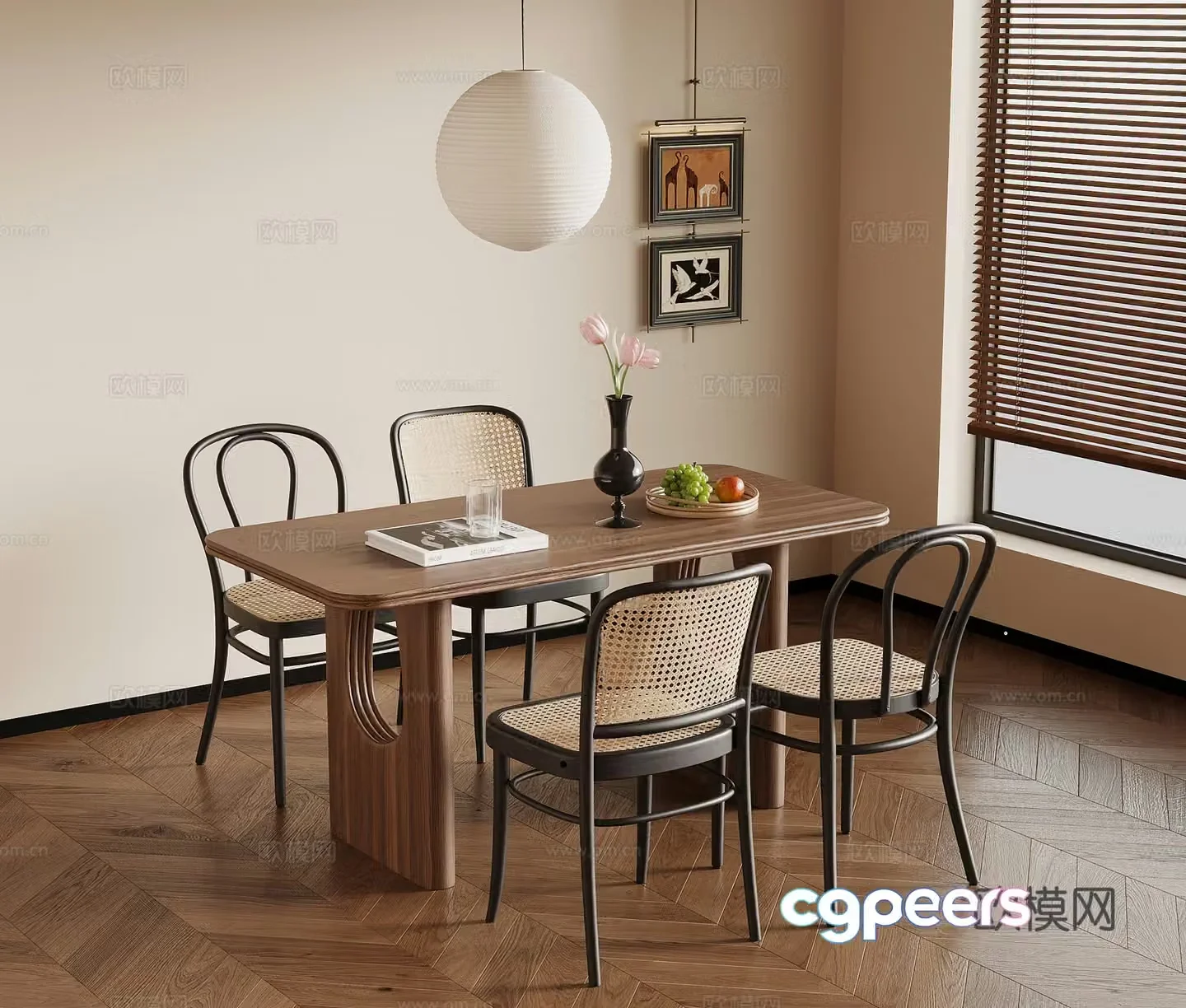 Medium style dining table and chair 3D model