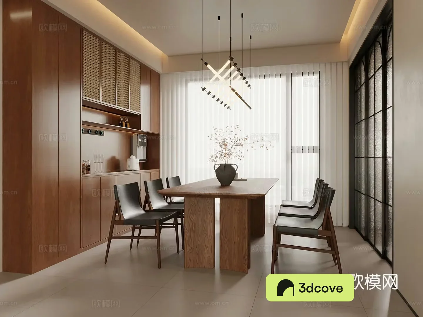 Middle-aged restaurant wine cabinet sideboard dining table chair chandeliers 3d model