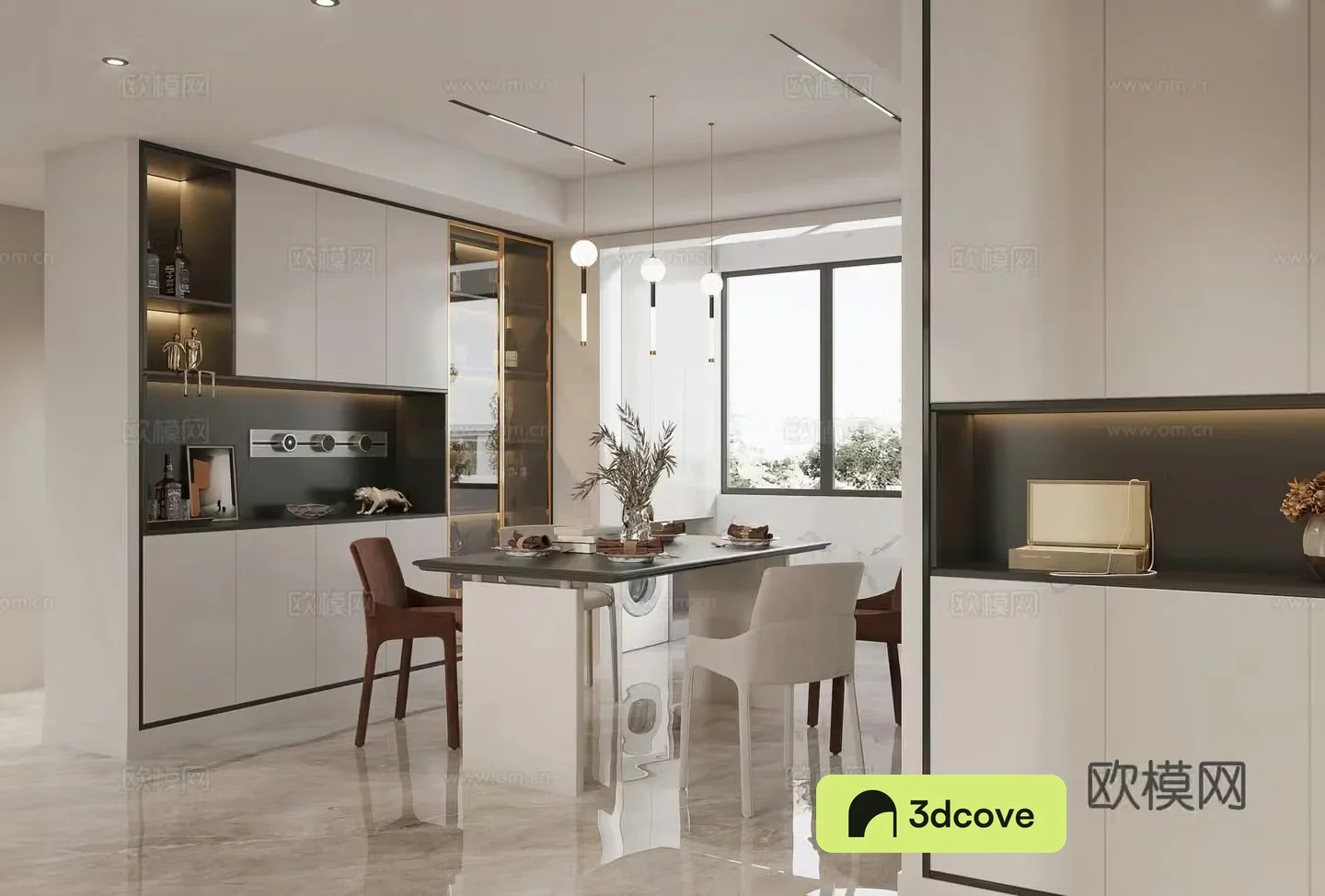 Modern restaurant Dining table Light luxury restaurant Wine cabinet Track socket Modern living restaurant G52