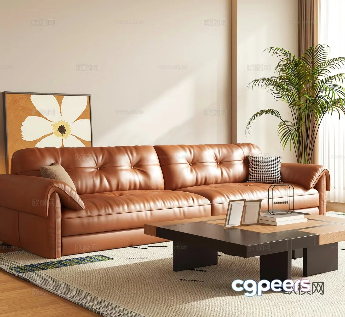Modern multi-person sofa combination leather sofa sofa coffee table combination living room sofa 3D model
