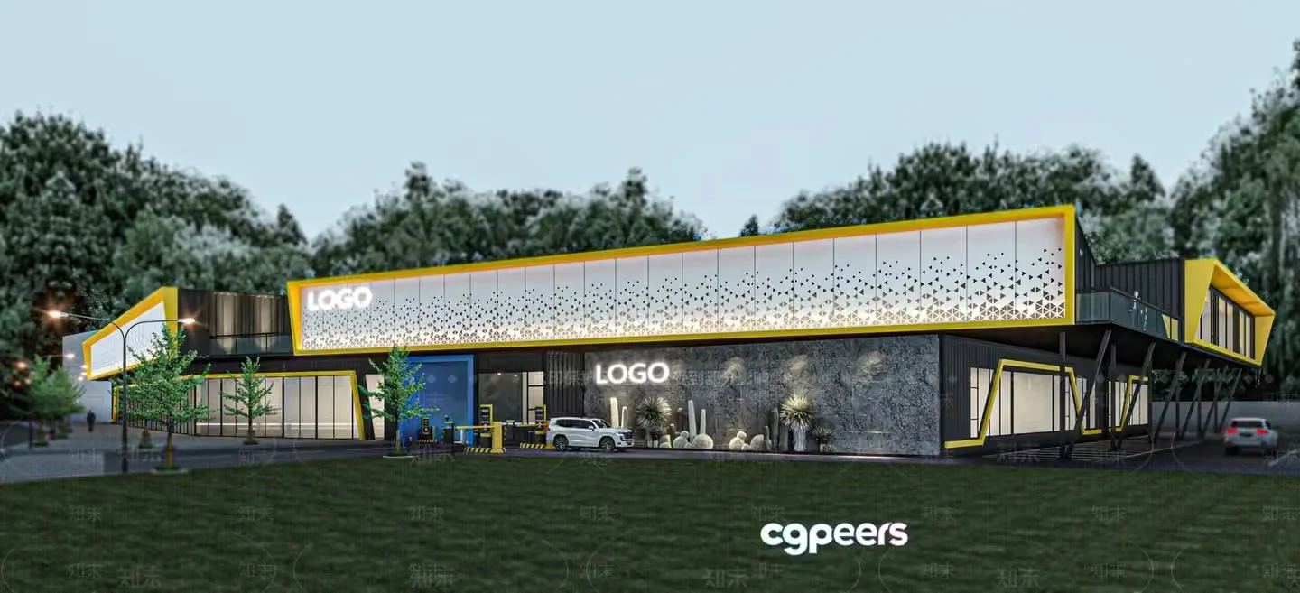 The Main Subject Is A Modern Building With A Yellow And White Color Scheme 3D Model – 11512 – VRAY Render