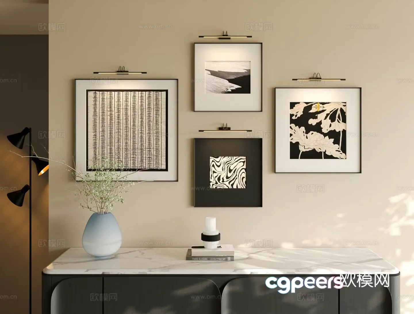 Italian abstract texture painting combination Modern black and white gray hanging painting combination Iron wall lamp hanging painting 3D model