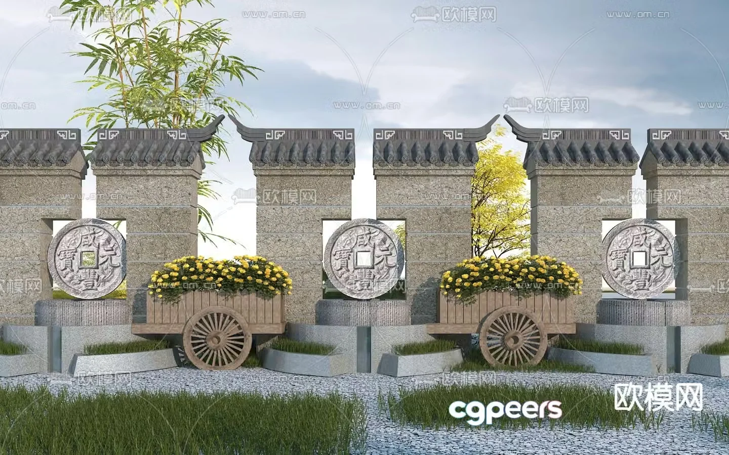New Chinese style landscape wall outdoor landscape wall ancient building landscape wall 3D model