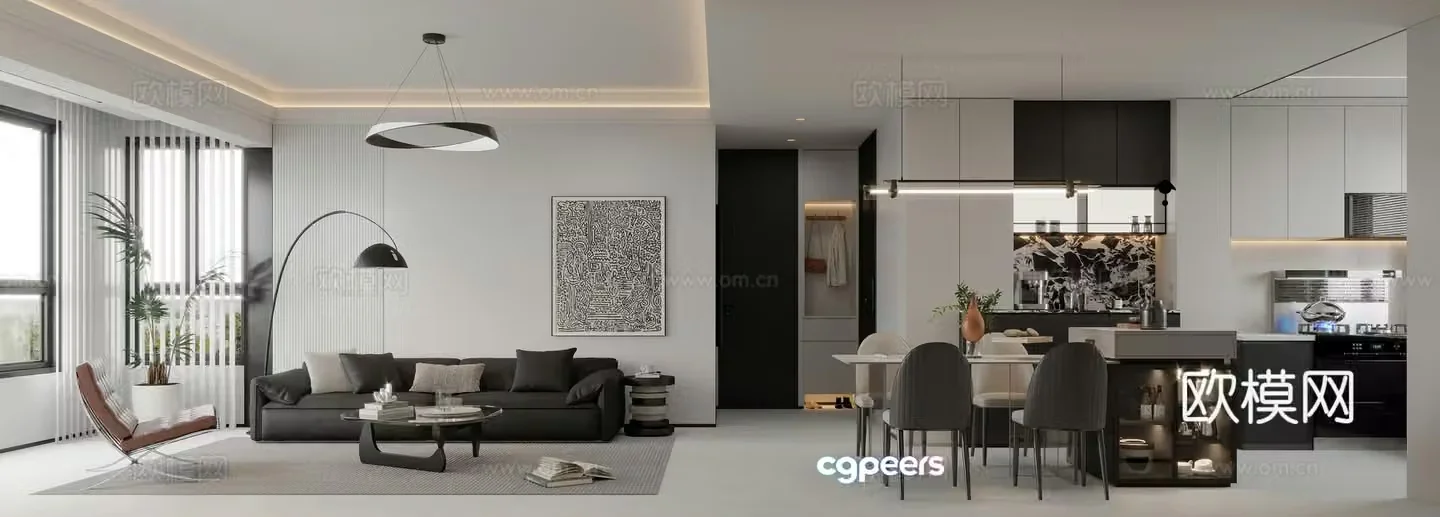 Modern living and dining room 3d model