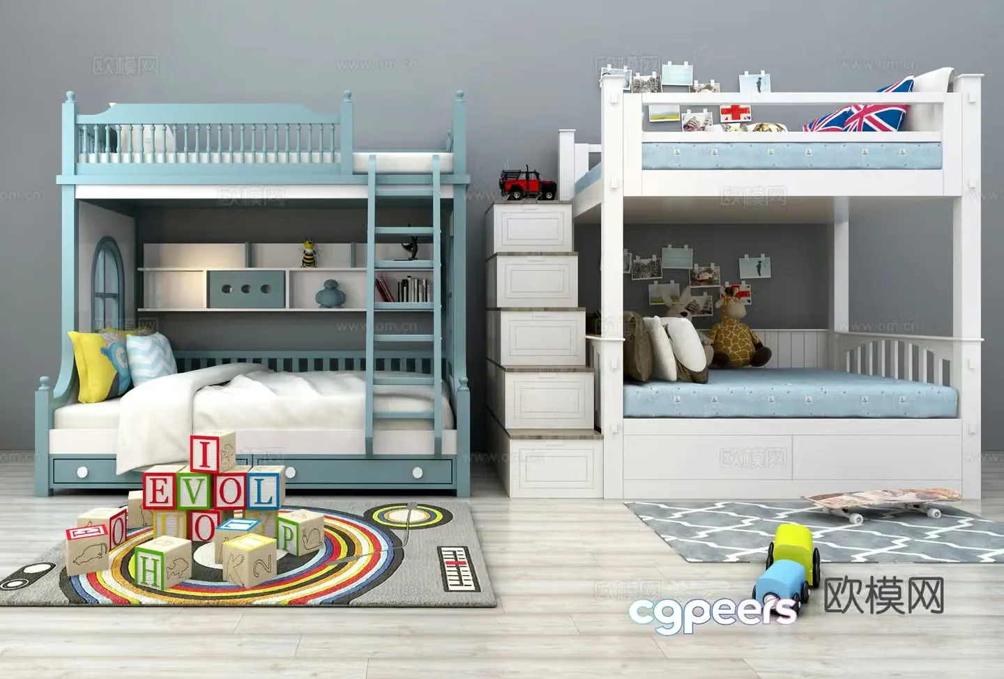 Nordic children getting on and off the bed 3d model