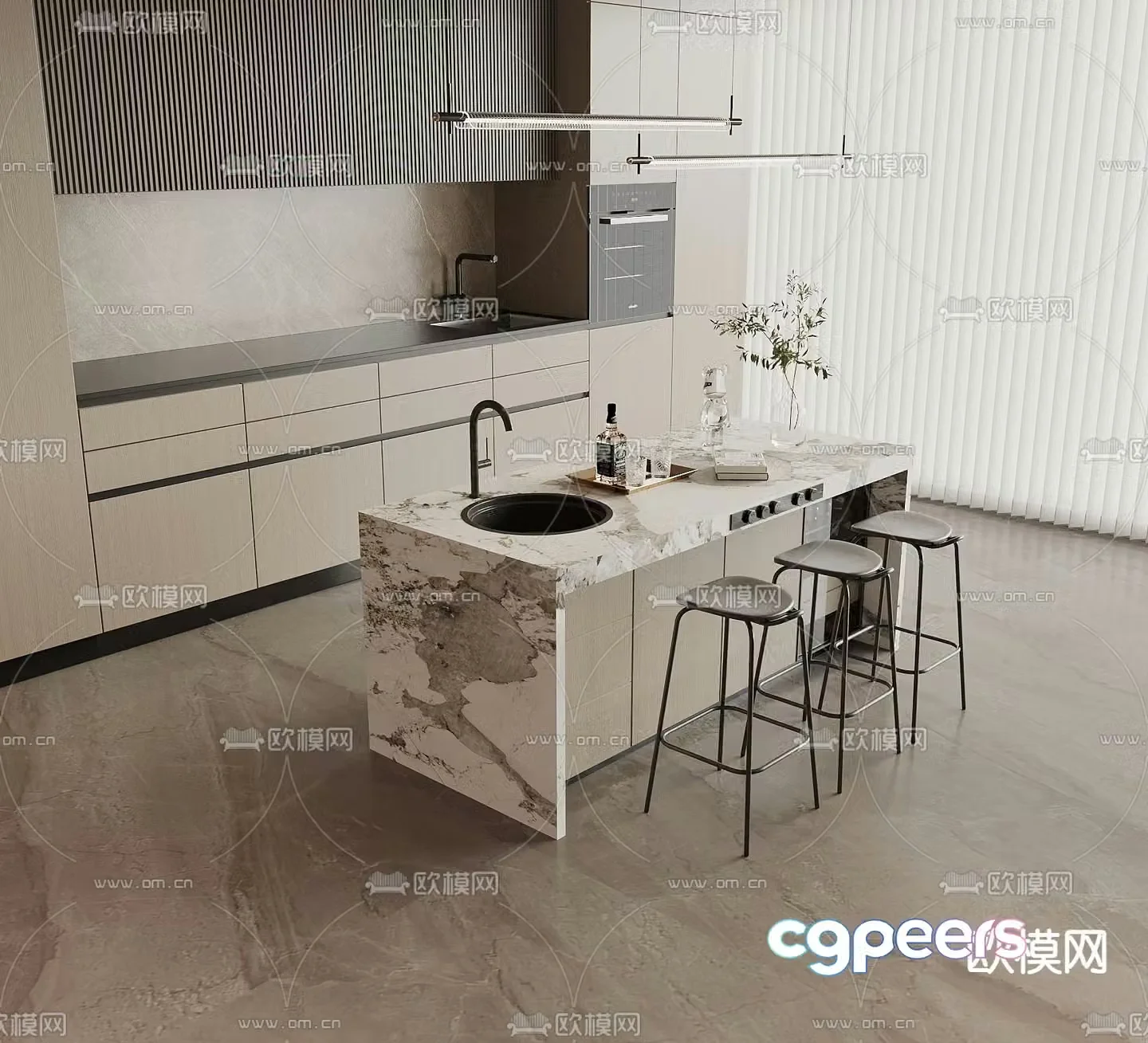 Marble bar counter island table cabinet 3D model