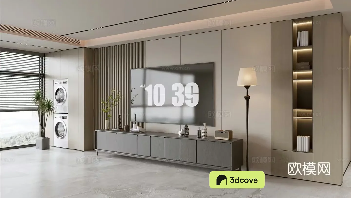 Modern simple living room light luxury TV background wall full wall TV cabinet wooden veneer background wall laundry