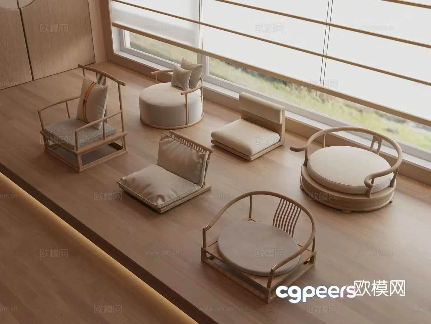 Japanese low stool solid wood seat tatami seat low seat fabric cushion 3D model