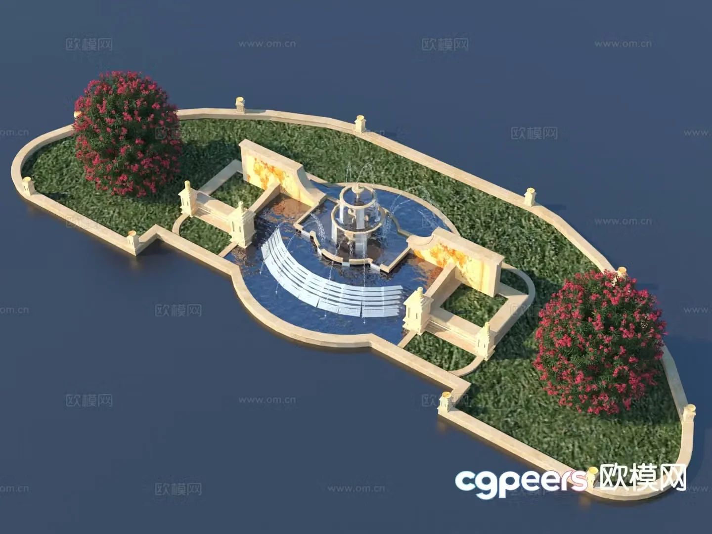 Garden fountain flower bed tree pond landscape 3d model