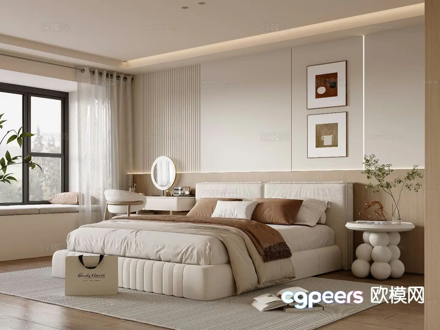 Cream style double bed 3d model