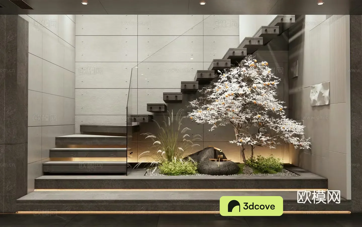 Modern stairwell Plant landscape Garden sketch Water view Water bowl Dog tail grass Flowers and plants