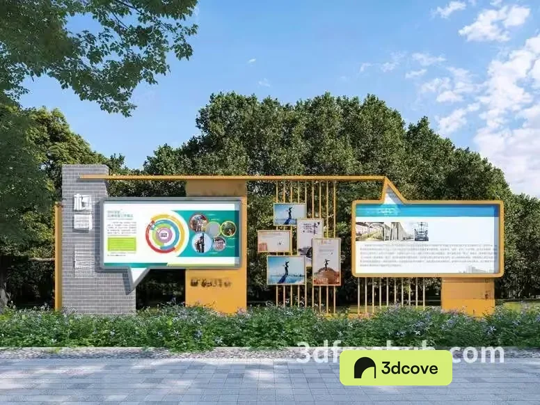 A Large Outdoor Sign With Multiple Boards And A Yellow Frame