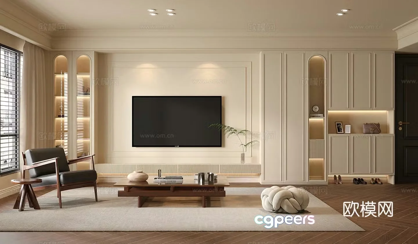 French cream home living room TV background cabinet leisure chair coffee table shoe cabinet 3d model