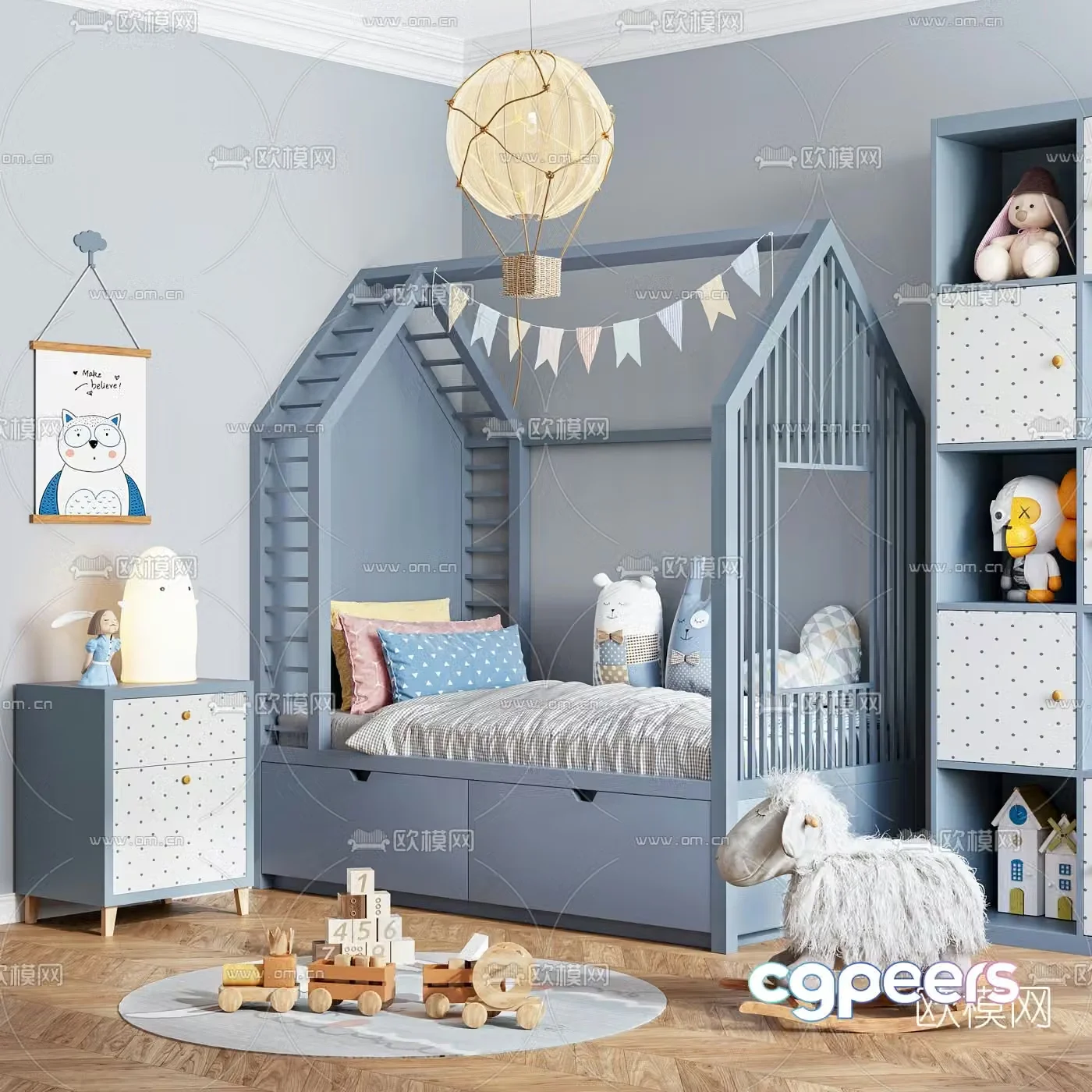 Modern children’s bed and children’s cabinet combination 3d model