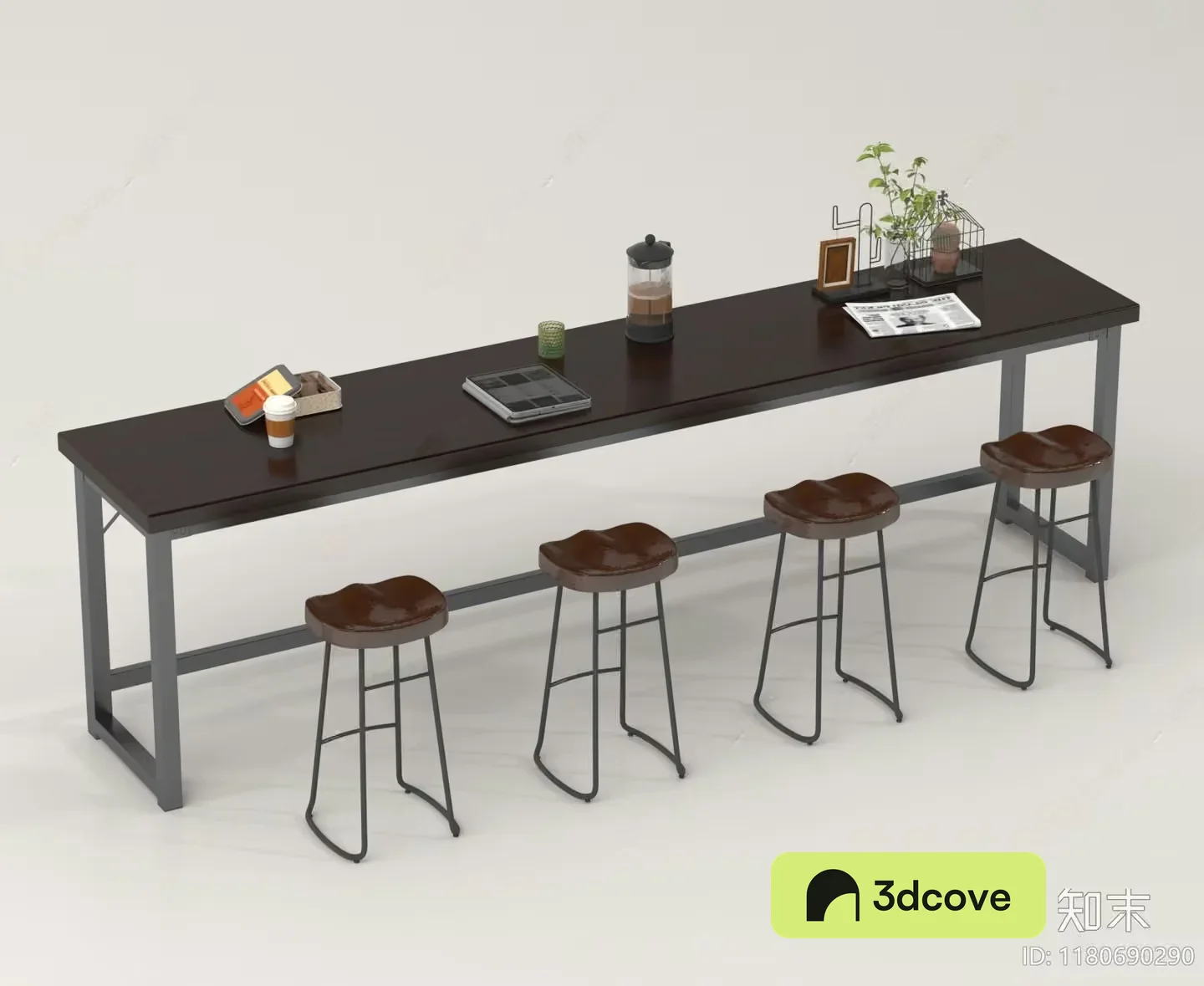 A Long Dark Brown Table With Stools