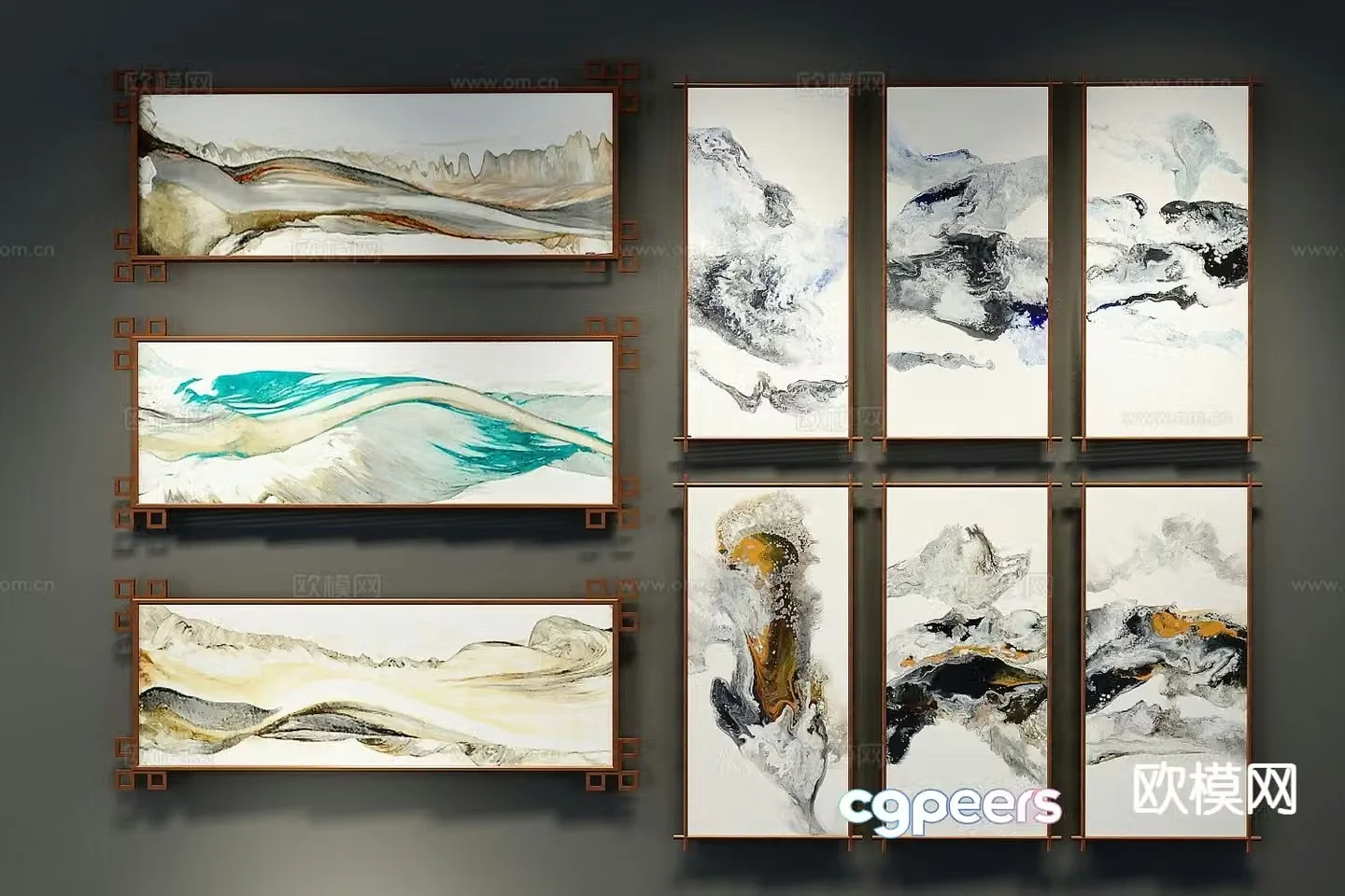 New Chinese style decorative painting combination painting banner painting 3d model