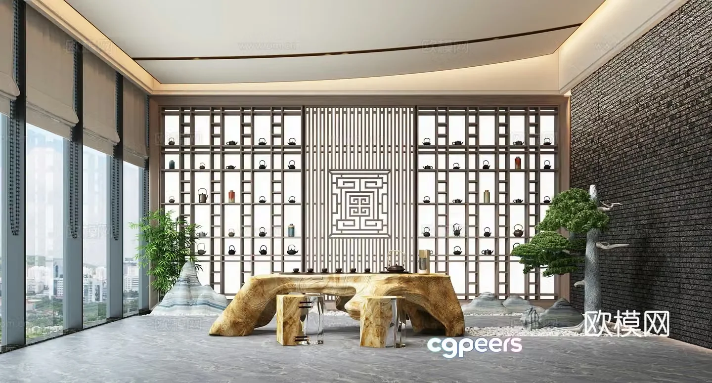 Modern new Chinese tea room tea art tea house root carving tea table tea set tea cabinet teapot tea cup 3D model