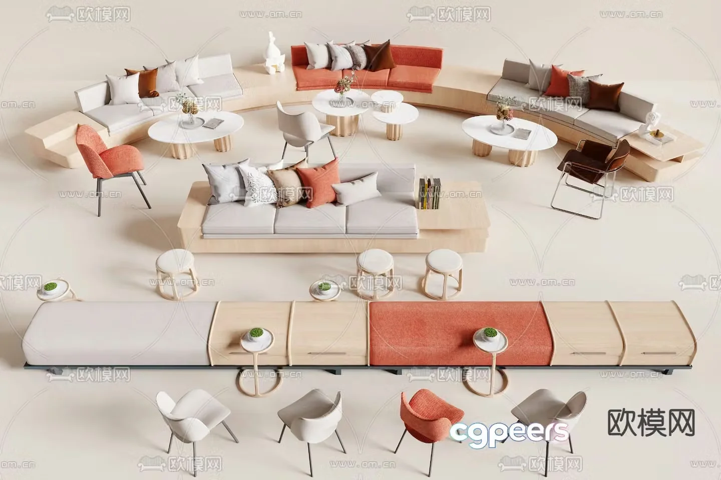 Card seat sofa curved card seat lobby sofa 3d model