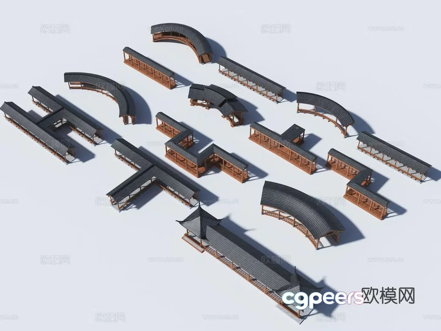 Chinese-style curved corridor curved antique corridor curved corridor frame curved corridor 3D model