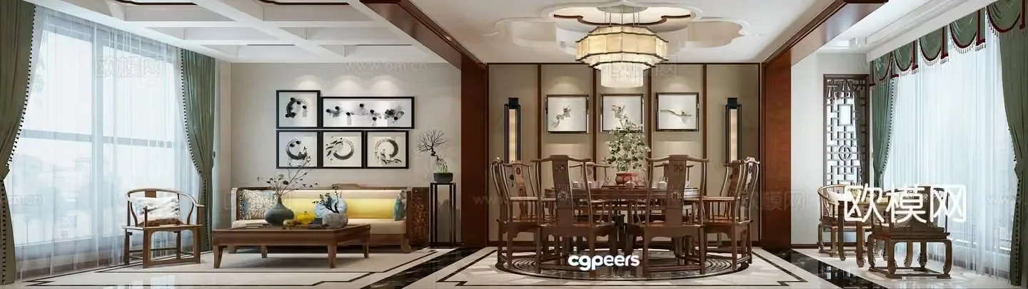 Chinese style living and dining room chandeliers decorative paintings curtains 3d model