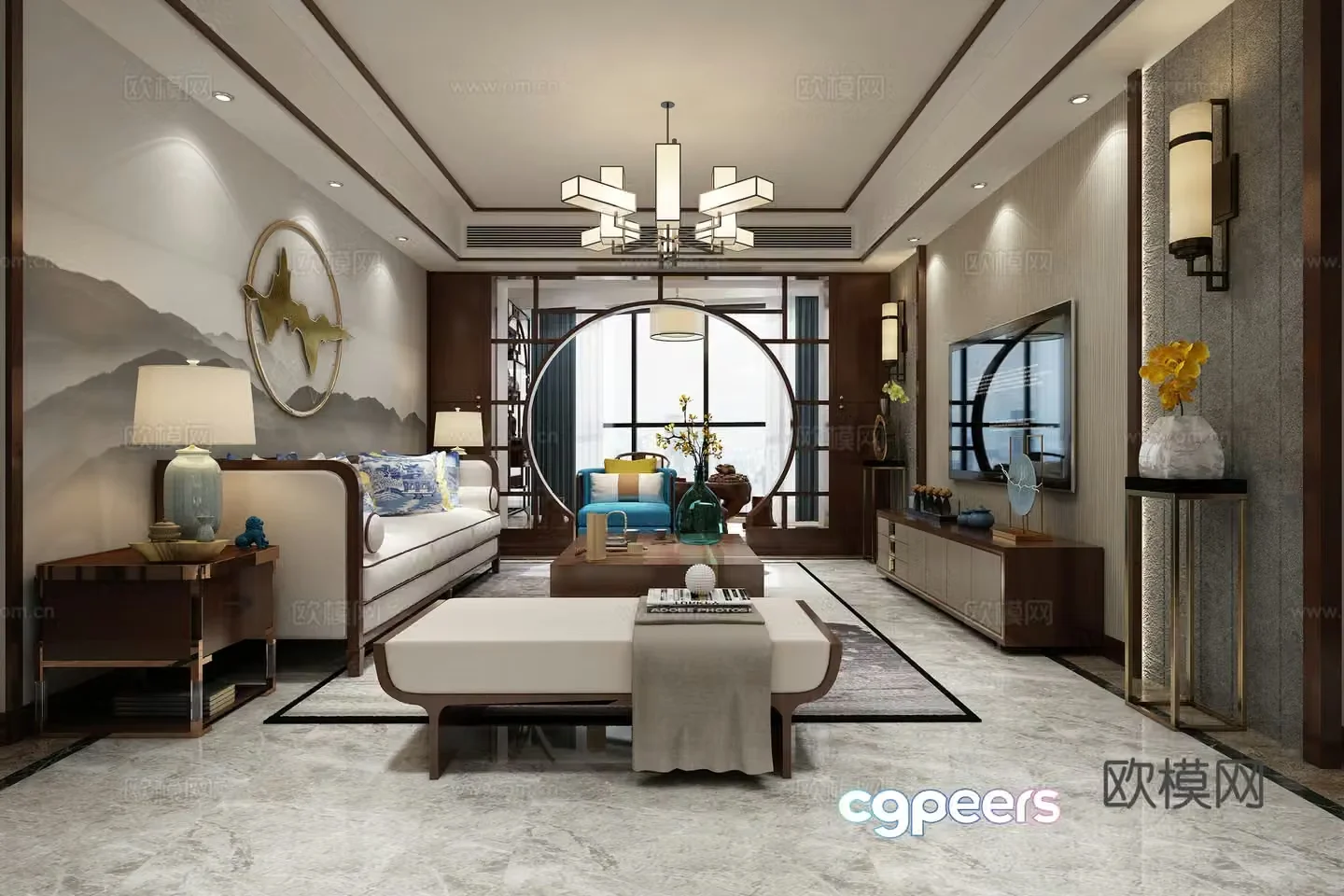 New Chinese style living and dining room sofa coffee table chandeliers TV cabinet painting side cabinet dining table chairs 3D model