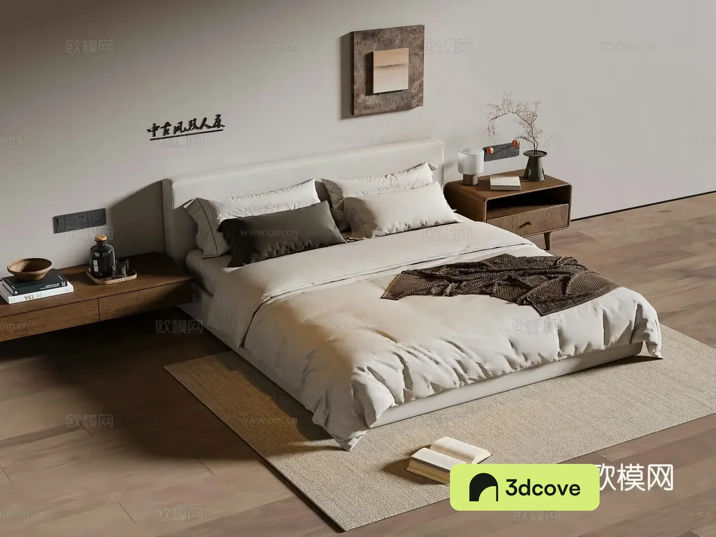 Medium style double bed fabric double bed bed nightstand hanging painting carpet 3d model