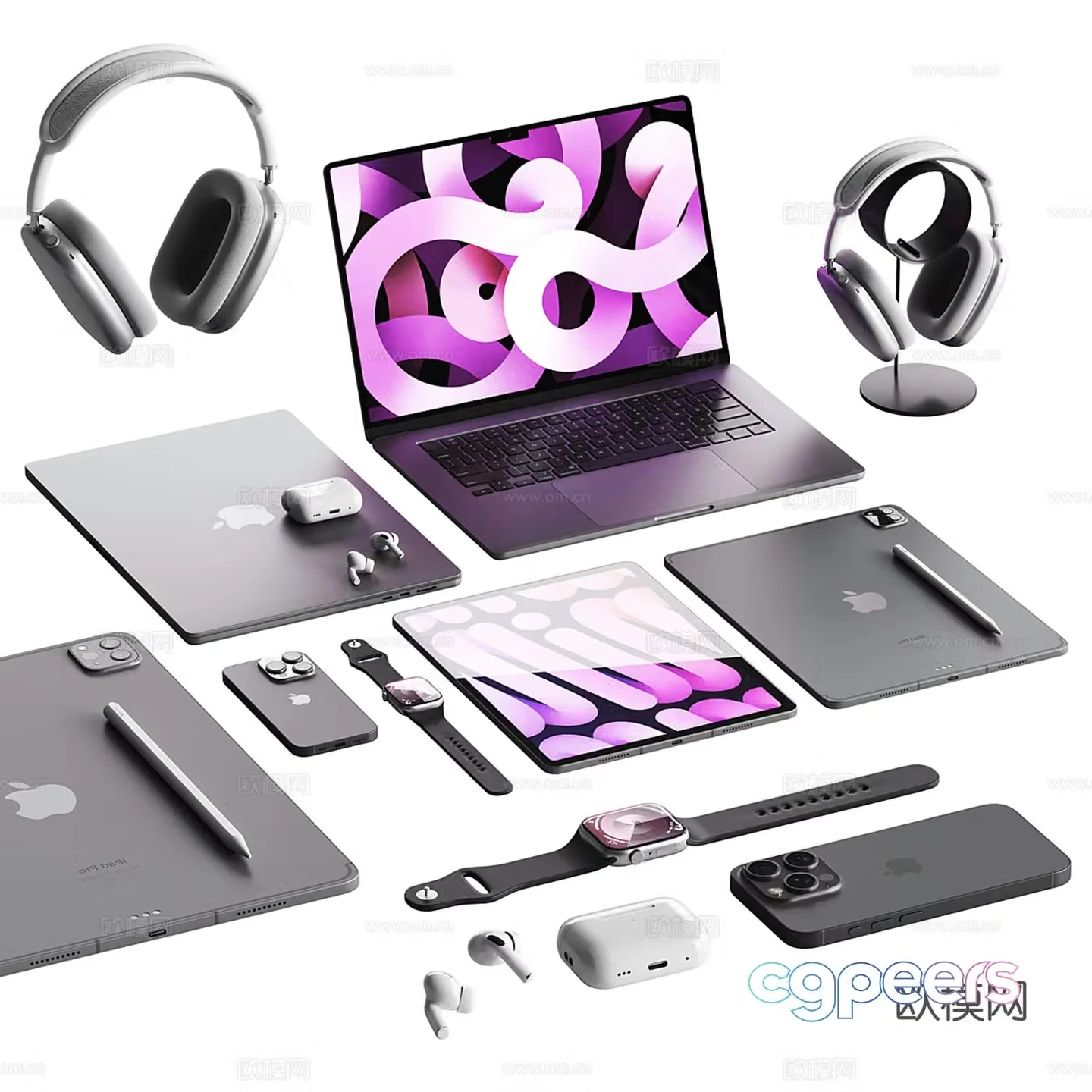 Office supplies desktop accessories computer watch headset 3D model