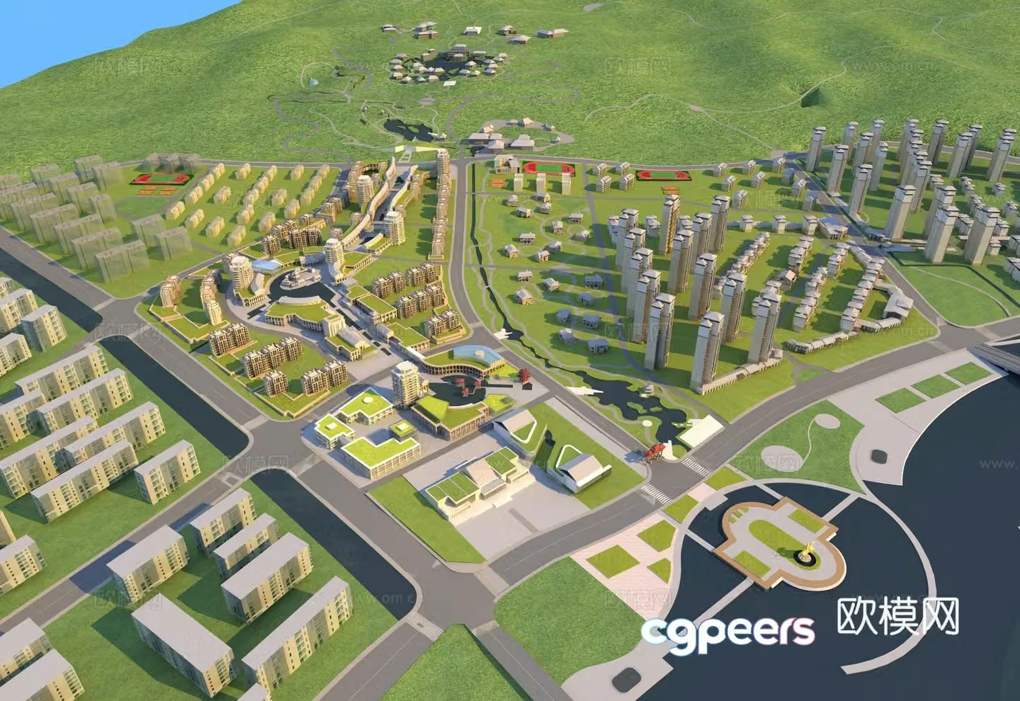 Bird’s view of residential community 3D model