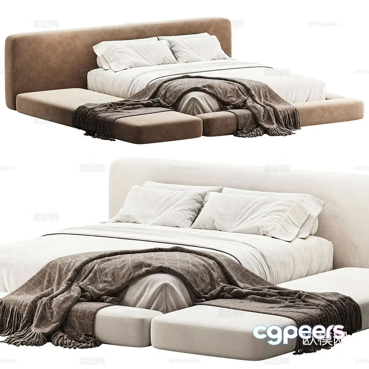 Modern Italian cream style fabric double bed 3d model