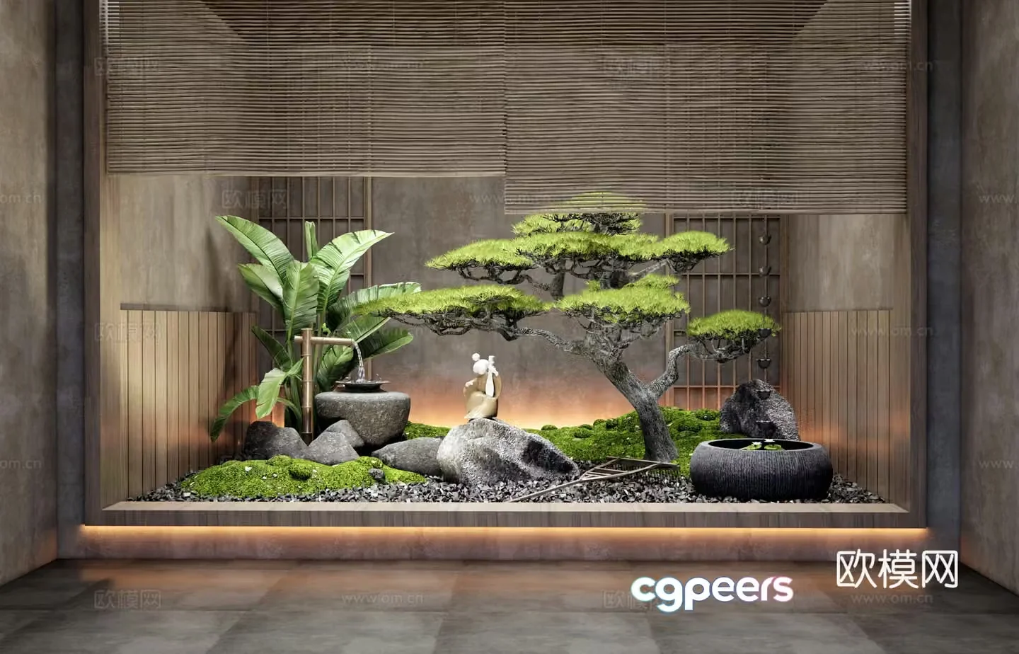 Japanese interior landscape water bowl water view moss landscape pine plant landscaping garden sketch 3d model