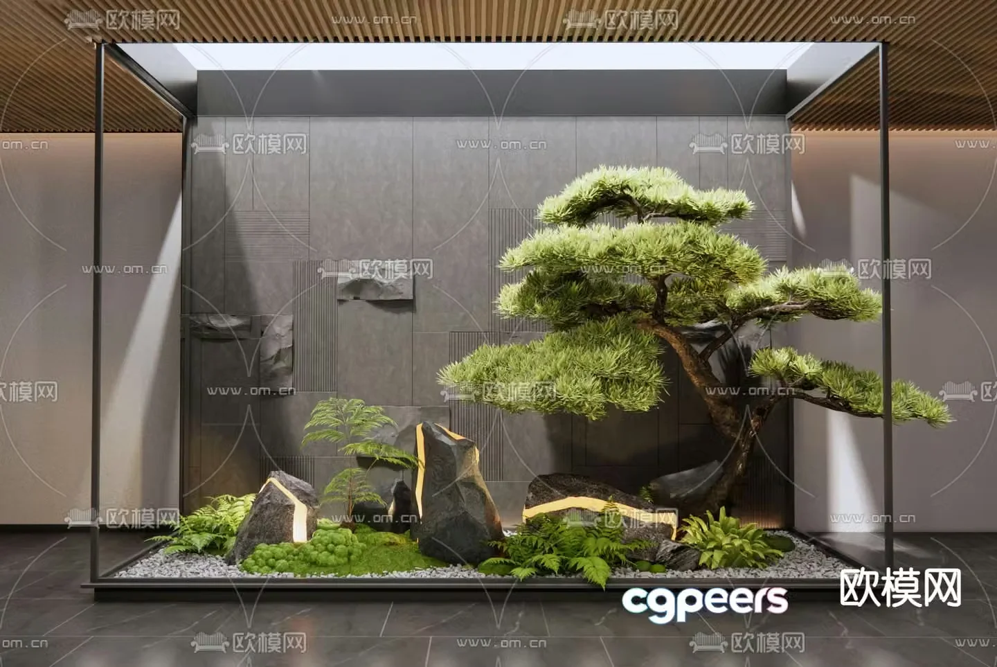 Indoor landscape courtyard sketch pine tree landscaping 3d model