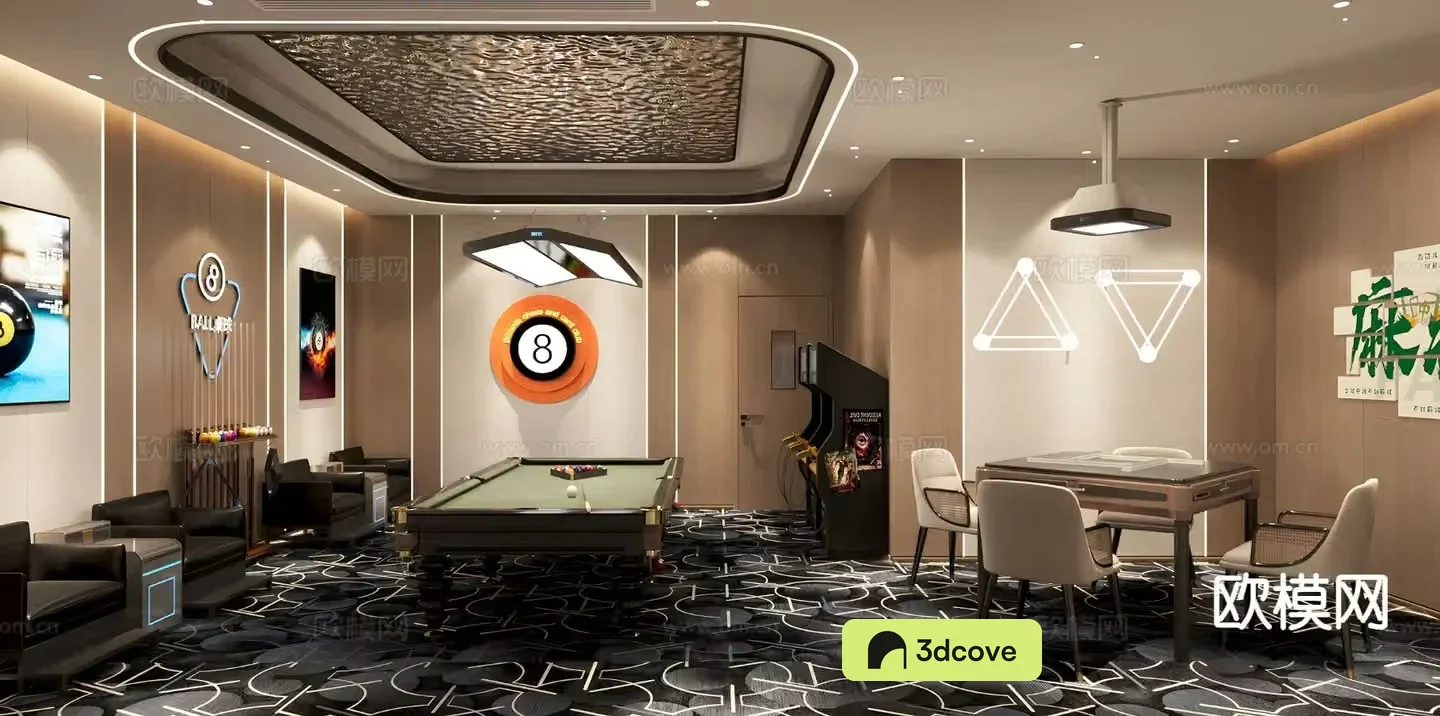 Modern billiard room chess and card room