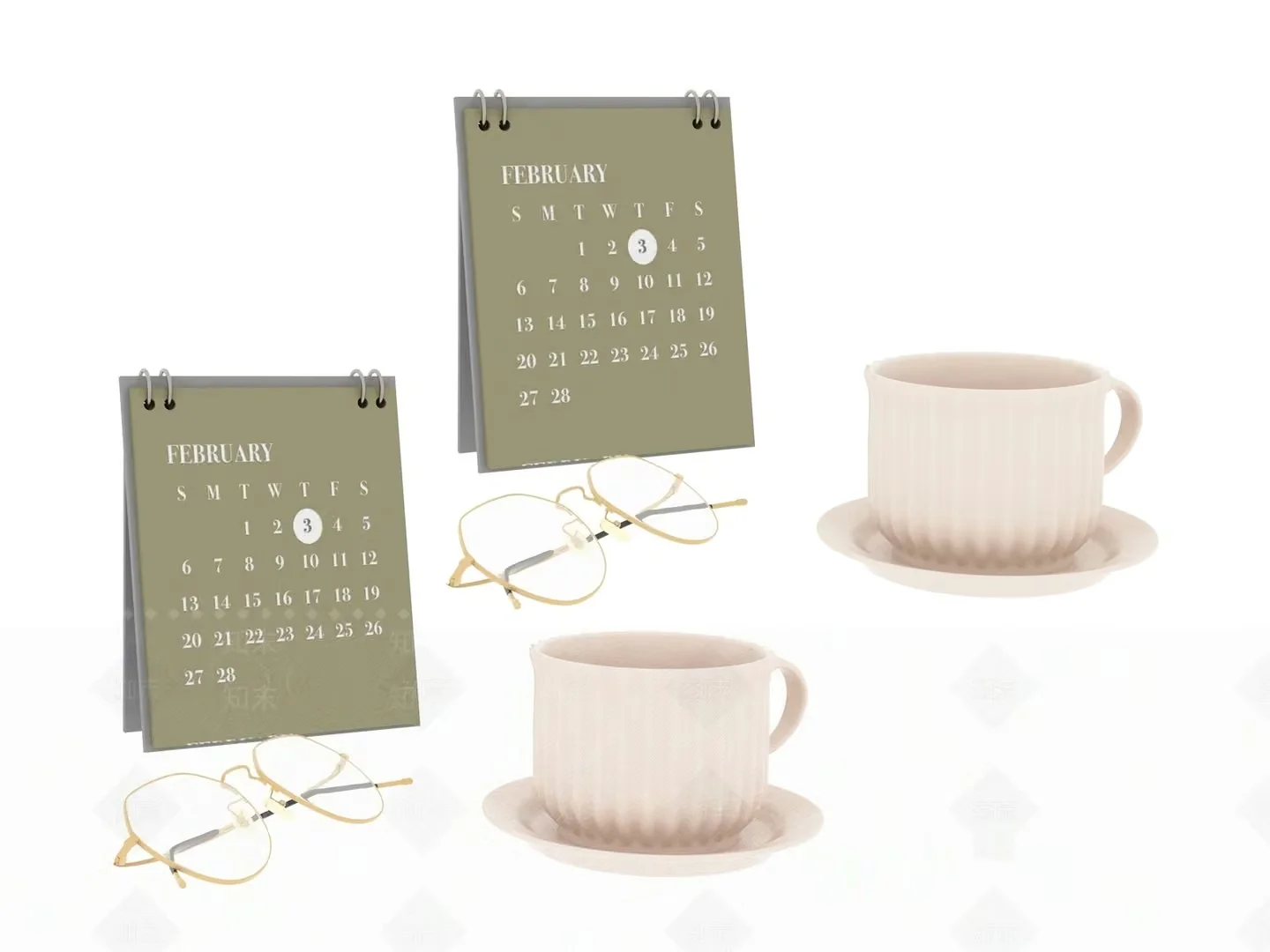 A Desk Calendar With Glasses And Cups 3D Model – 14097 – VRAY Render