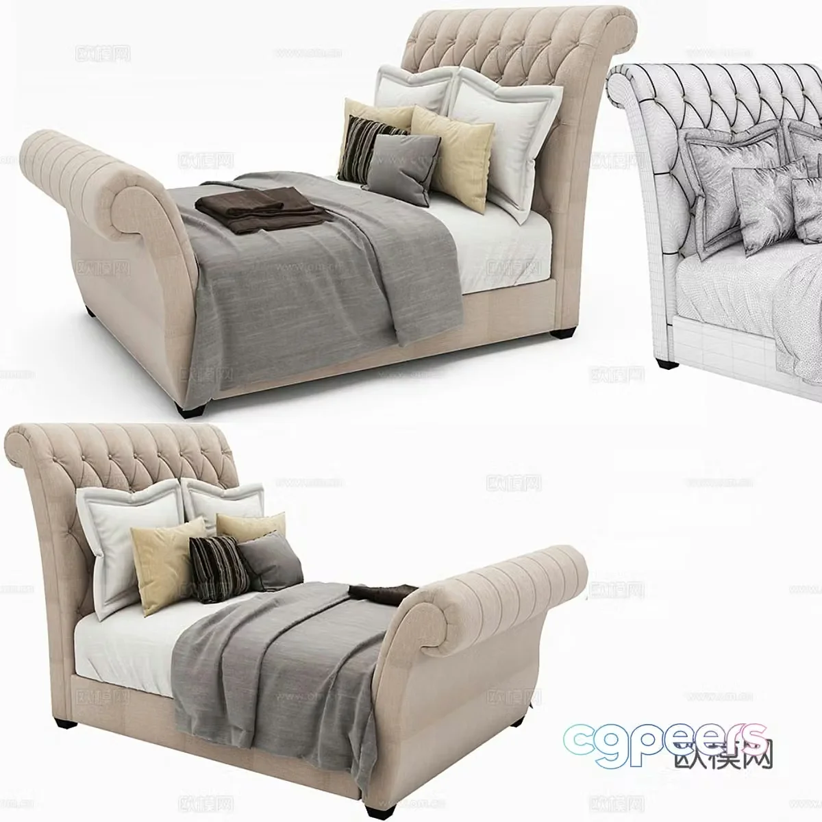 Waverly Taupe Extreme Upholstered Sleigh Bed with Button Tufted Headboard 3D Model