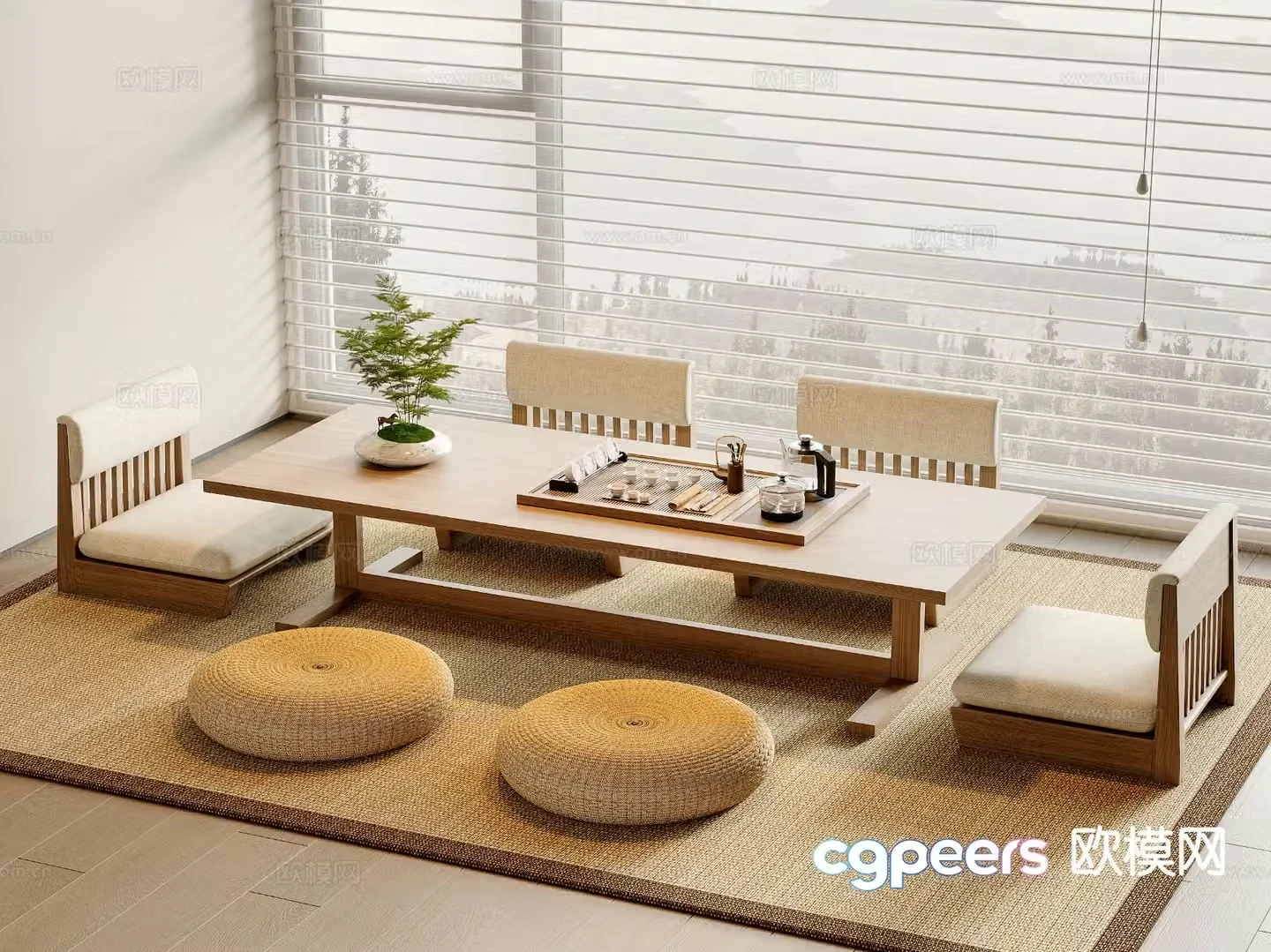Japanese tea table and chairs Tatami tea table 3D model