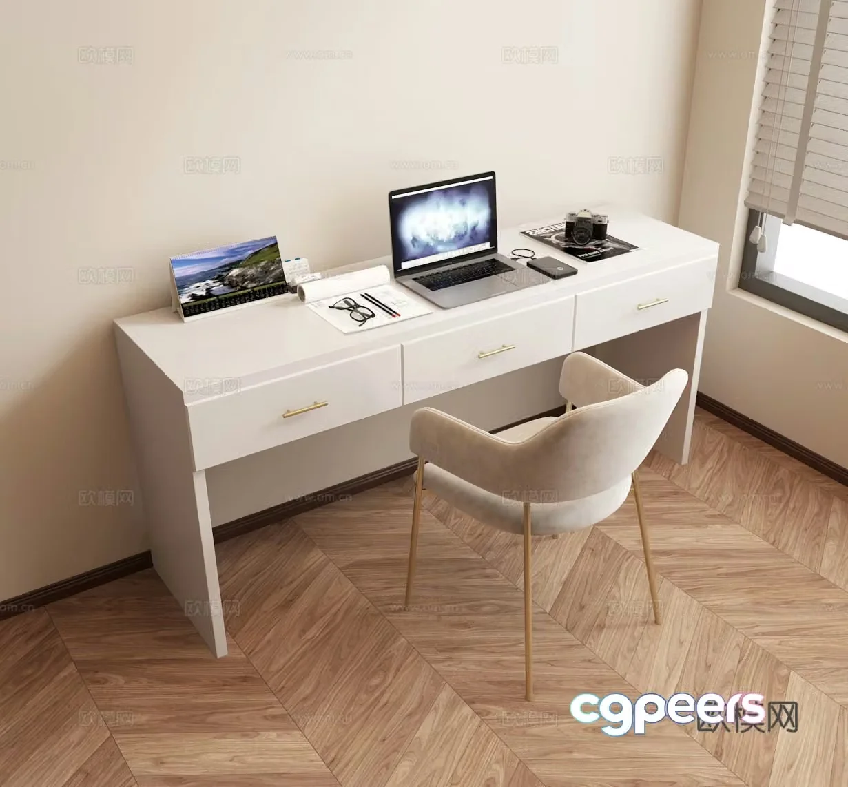 French cream modern writing desk chair laptop 3d model