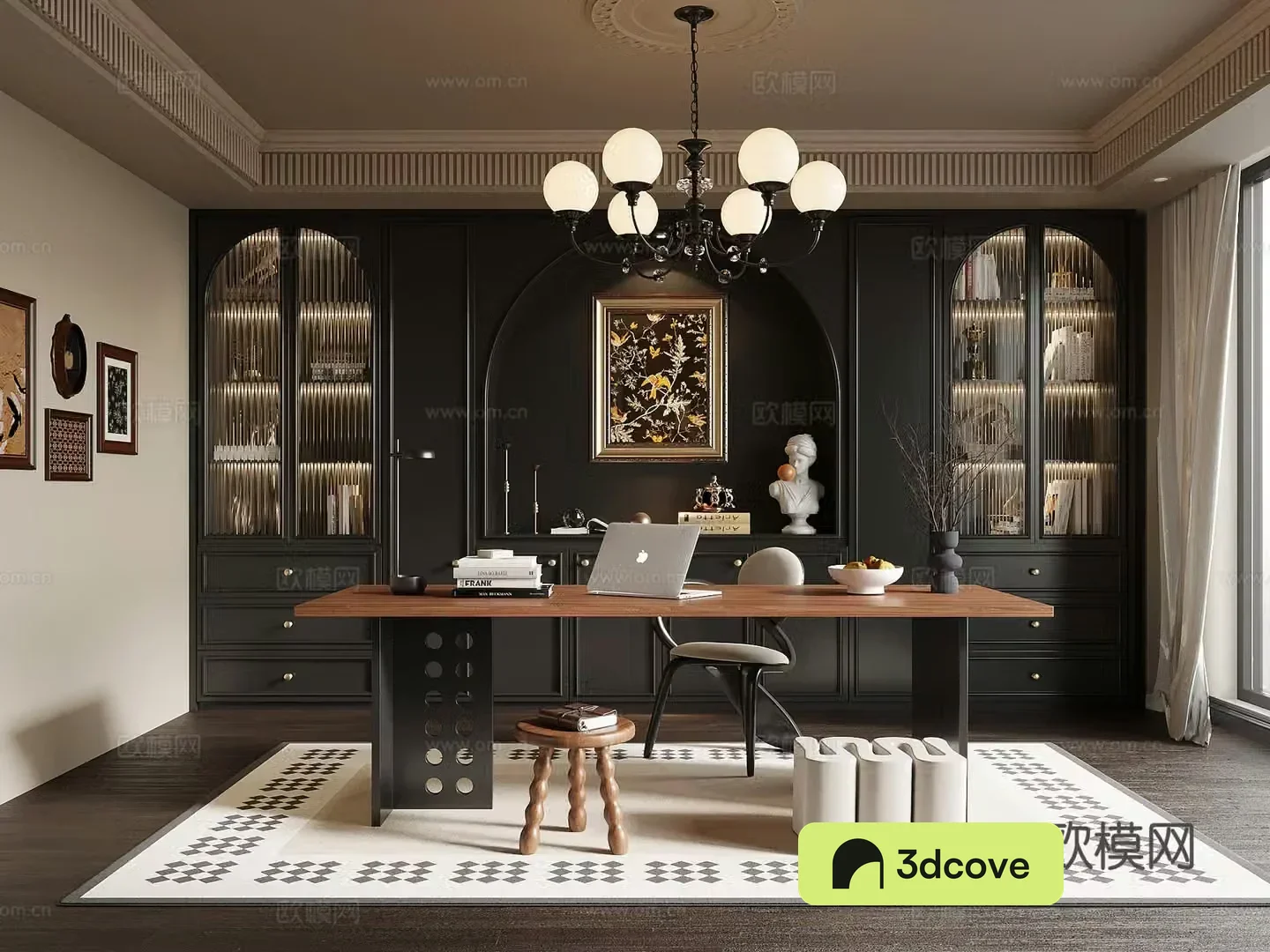 Study room French retro style study bookcase desk chair combination