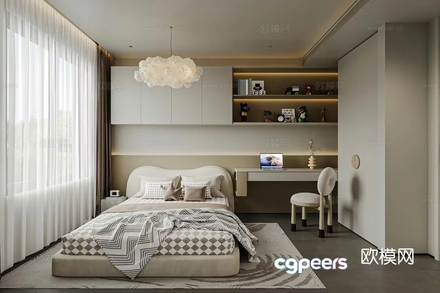 Modern creamy children’s room tatami children’s room custom cabinet desk and chair 3D model without a master lamp