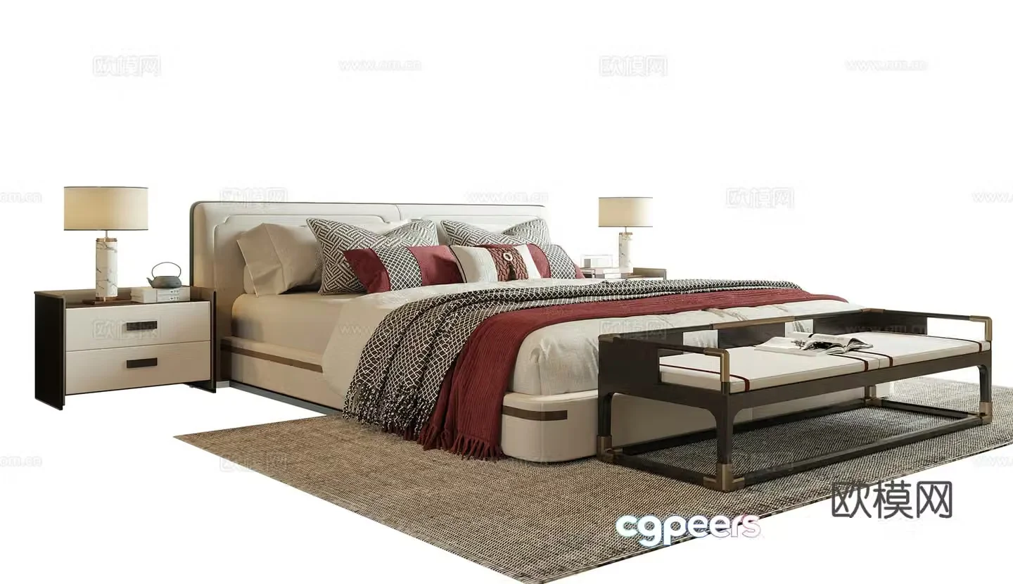 New Chinese style double bed bed tail stool bedside table 3D model