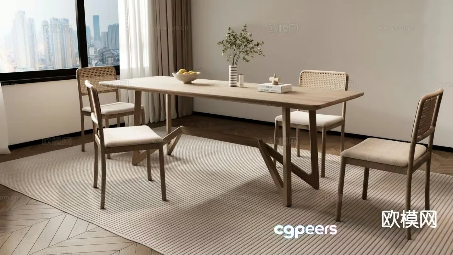 Cream style dining table and chairs long dining table 3d model
