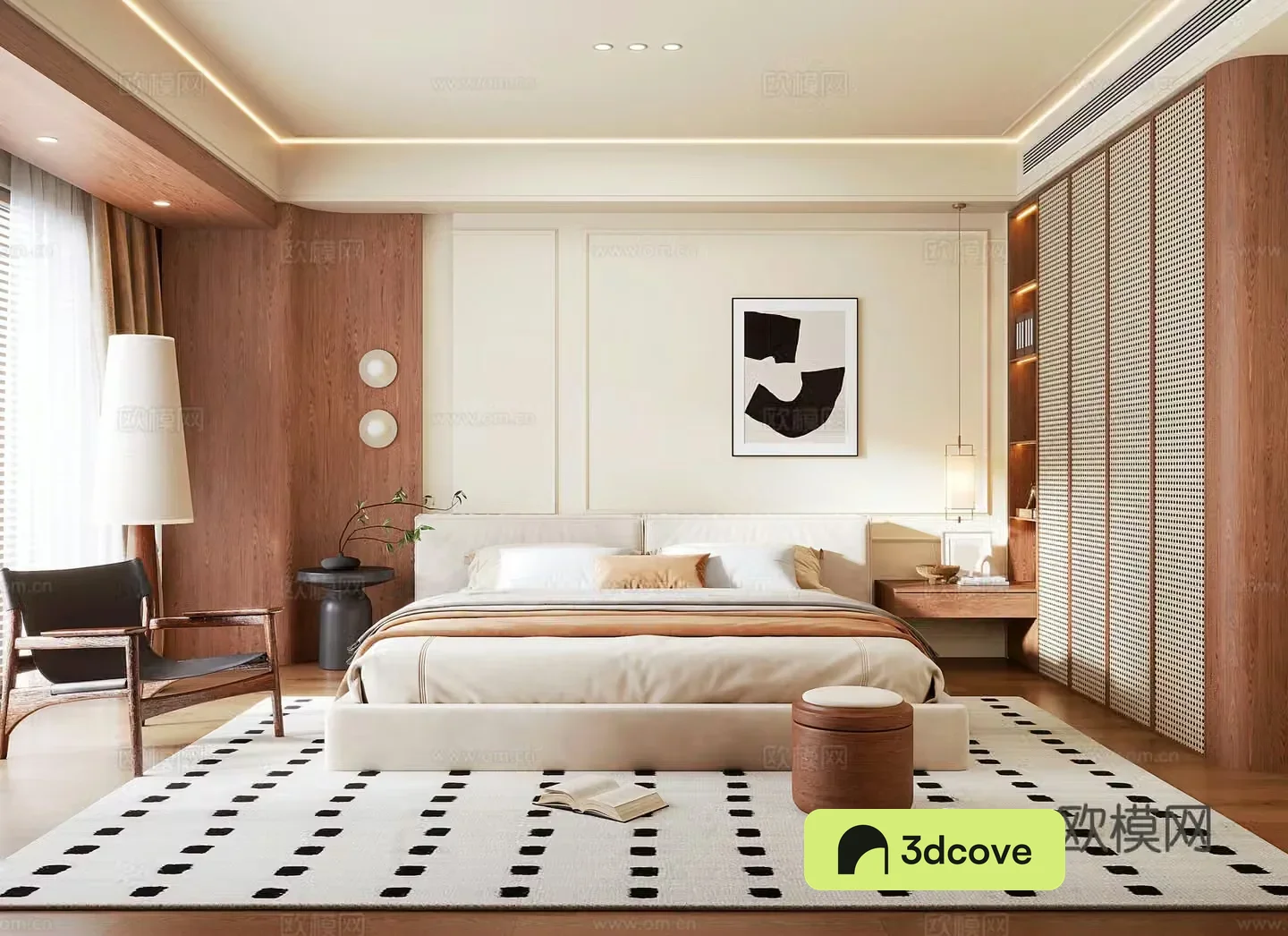 Modern medieval home bedroom medieval fabric double bed bedside table rattan wardrobe bedside