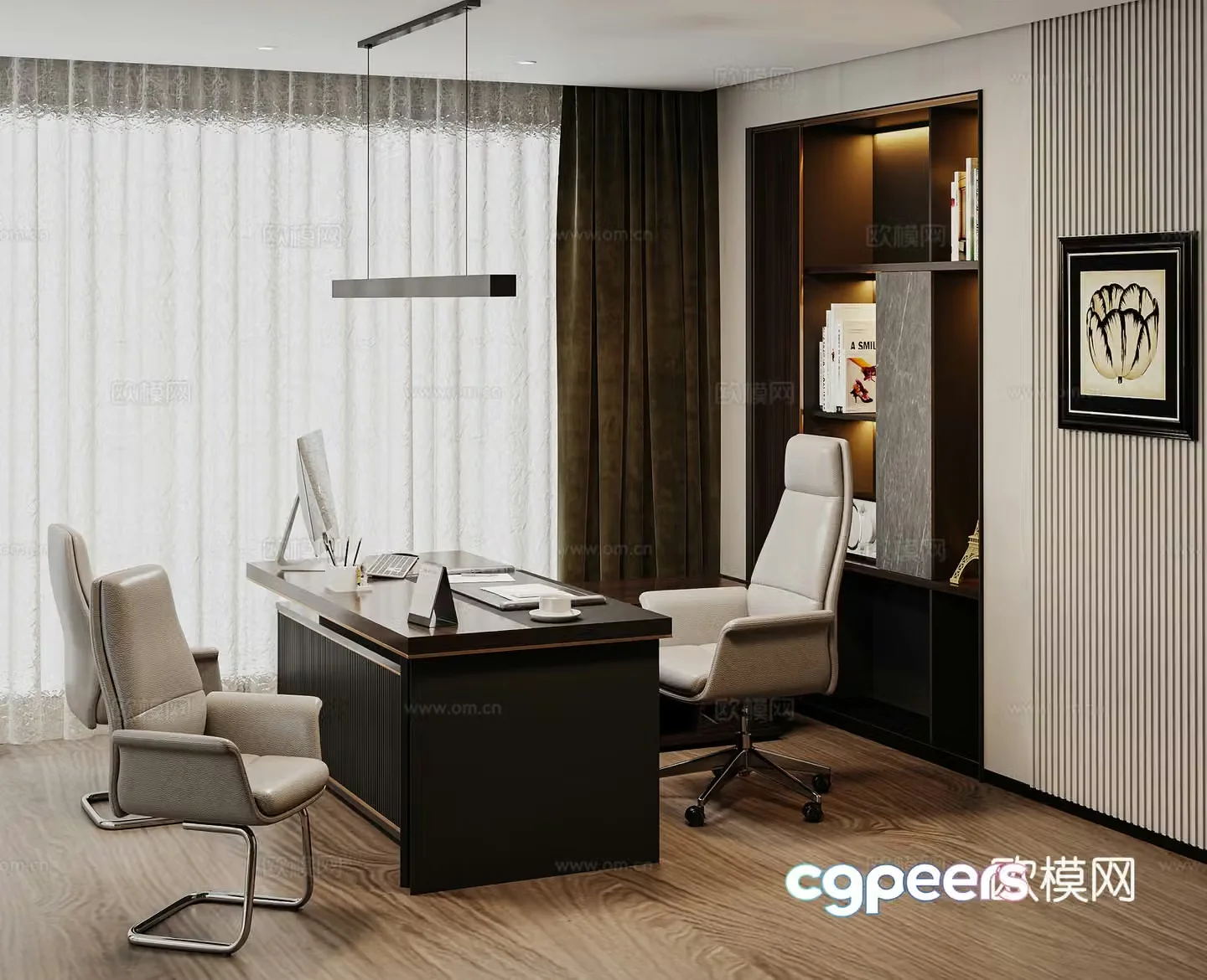 New Chinese study office desk and chair combination Chinese bookcase office chair staff chair single chair 3D model